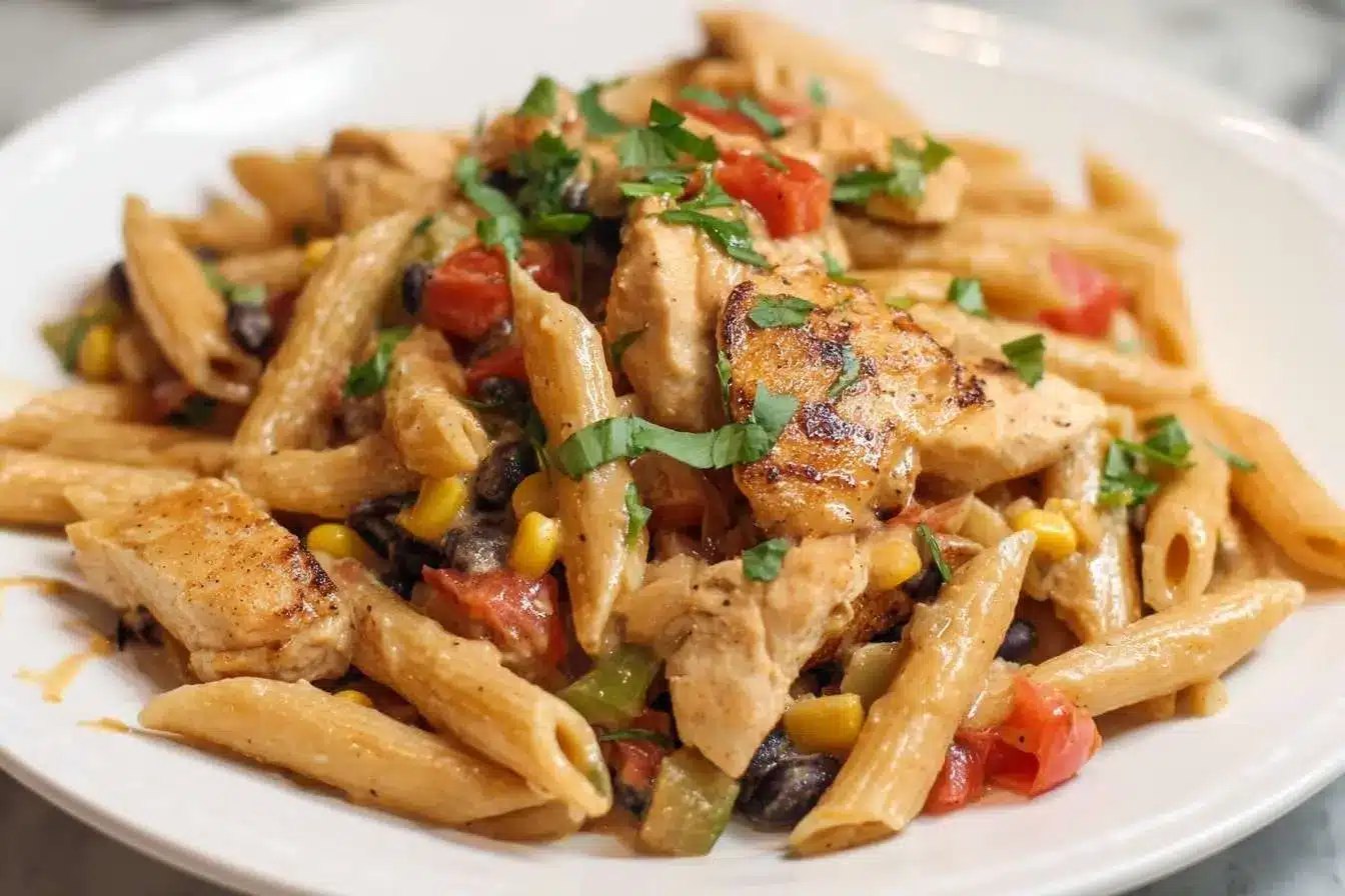 A close-up of a white plate filled with creamy Cajun Chicken Pasta, mixed with corn, black beans, and diced tomatoes.