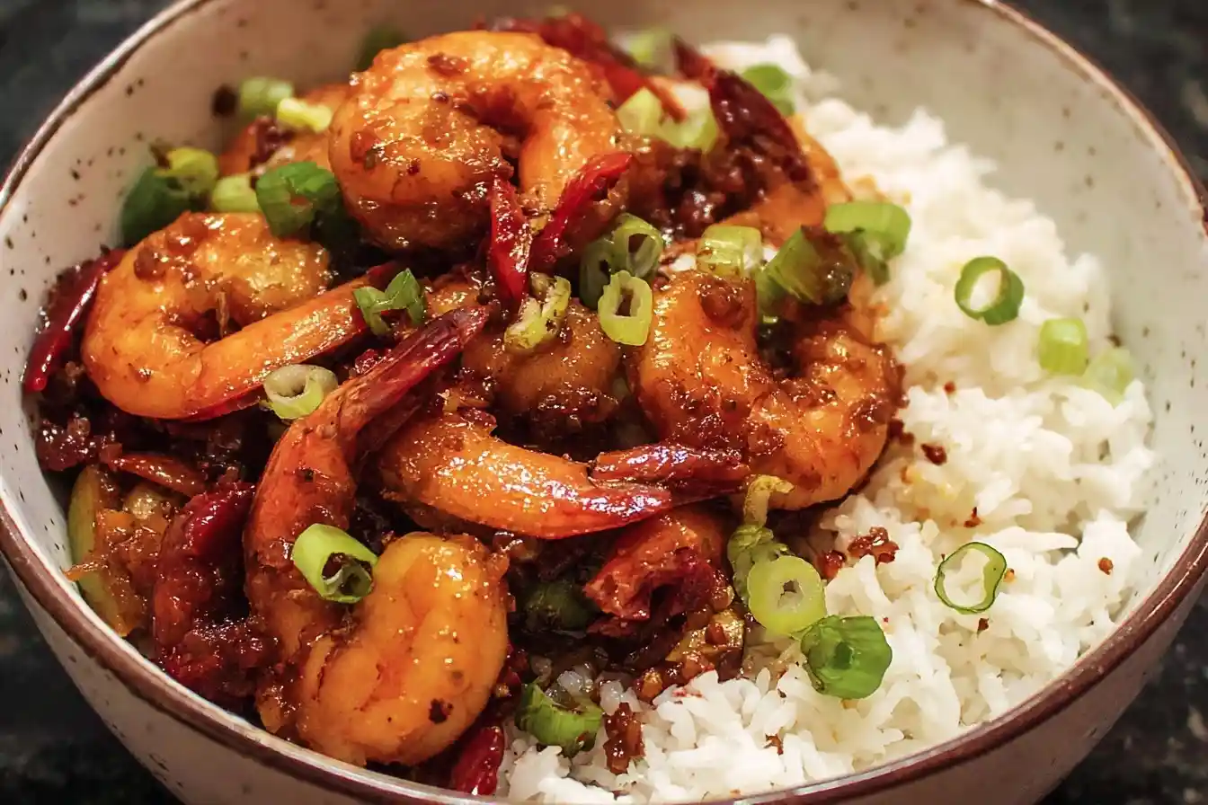 Close-up of spicy Szechuan Shrimp with dried red chilies and green onions served over white rice.