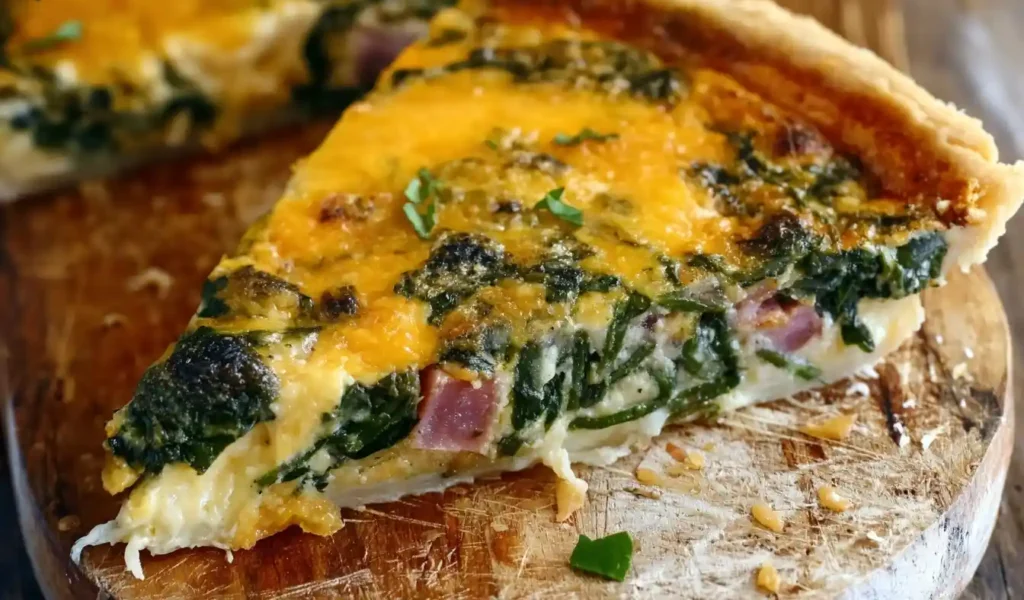 Close-up view of a slice of Ham and Spinach Quiche with melted cheese and chunks of ham on a wooden board.
