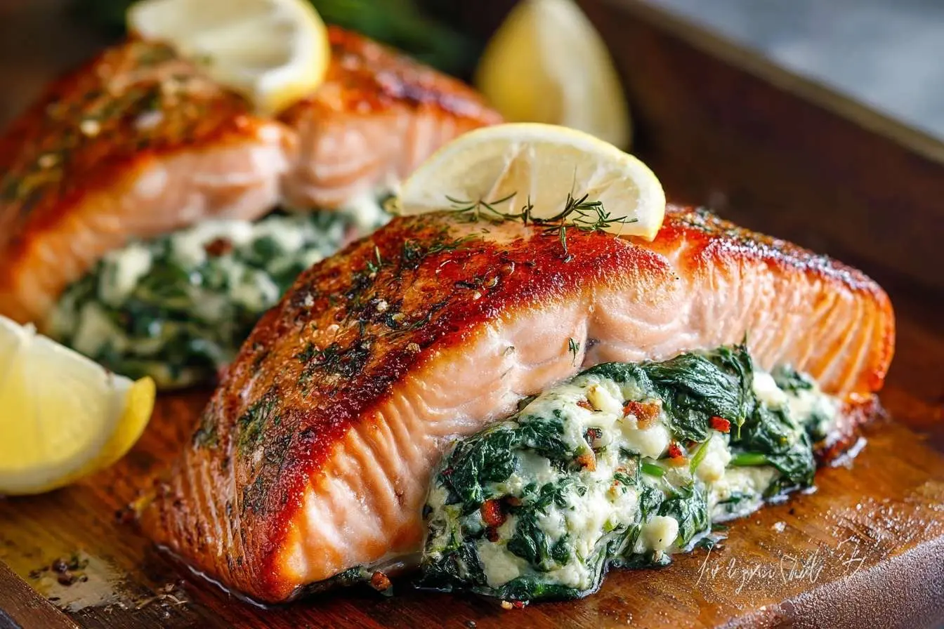 Two perfectly cooked Stuffed Salmon fillets with a creamy spinach filling, garnished with lemon slices and herbs on a wooden board.