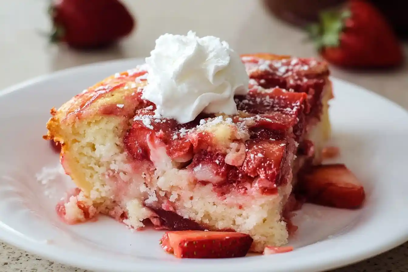 Slice of moist strawberry cake topped with whipped cream and powdered sugar on a white plate with fresh berries.