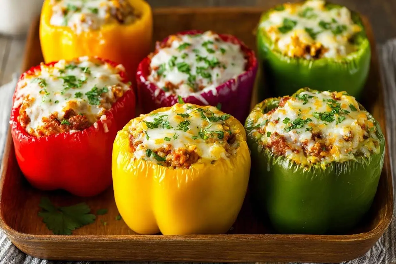 A wooden tray holding six colorful Stuffed Peppers filled with meat and rice, topped with melted cheese and fresh parsley.