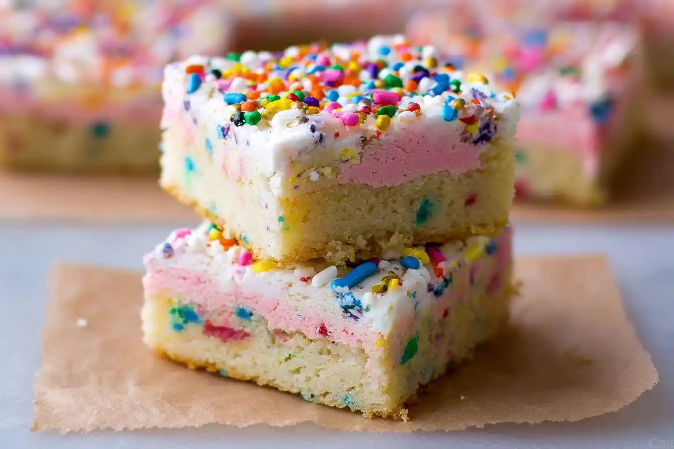 Stack of two soft Sugar Cookie Bars with pink frosting and rainbow sprinkles on parchment paper.