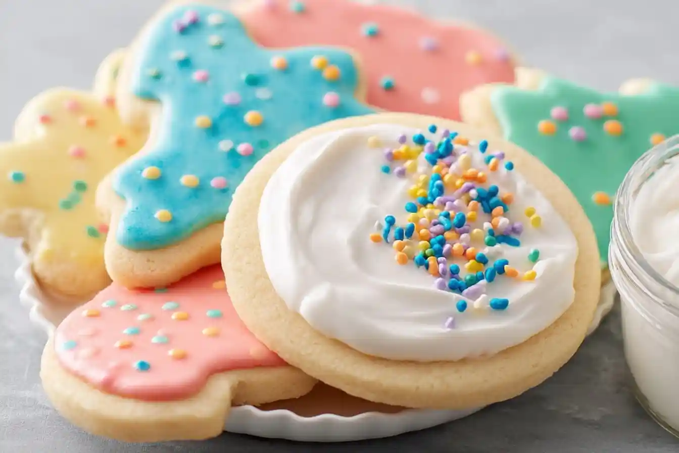 Close-up of a plate filled with colorful Frosted Sugar Cookies topped with sprinkles