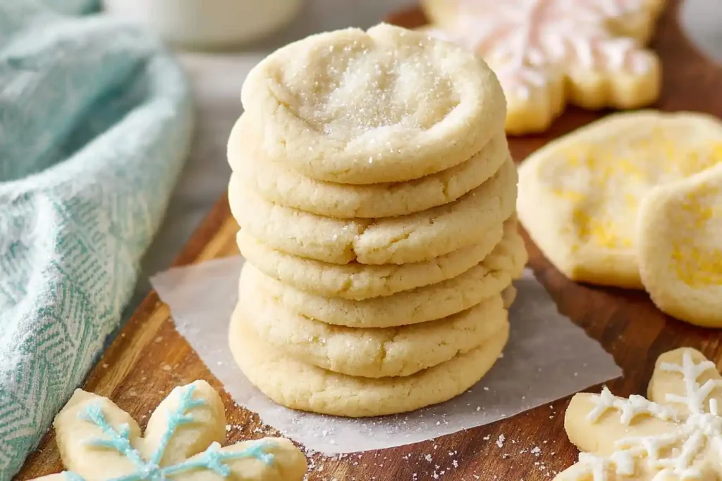 Stack of soft drop sugar cookies coated in sparkling sugar on a wooden board with snowflake cookies.