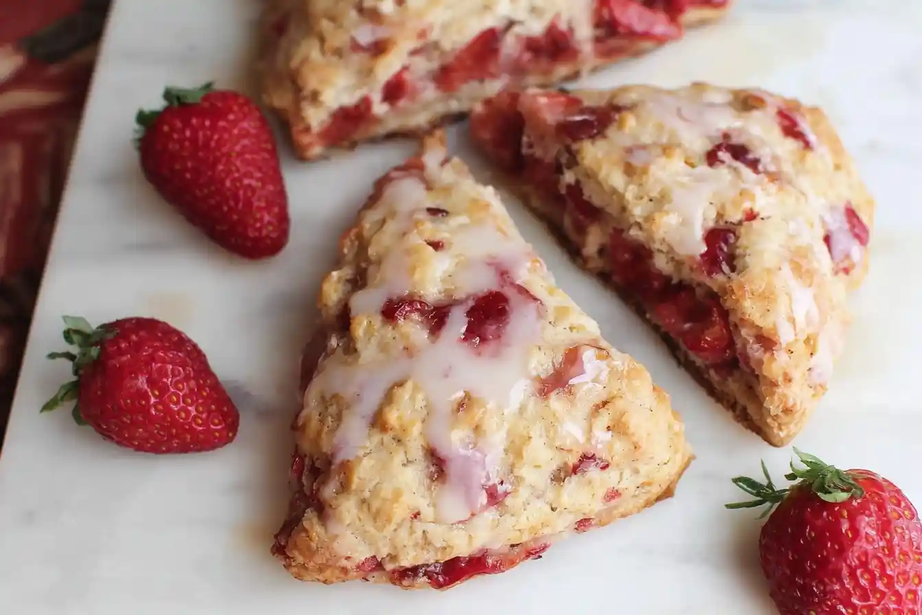 Triangular strawberry scones drizzled with glaze and served with fresh berries on a marble board.