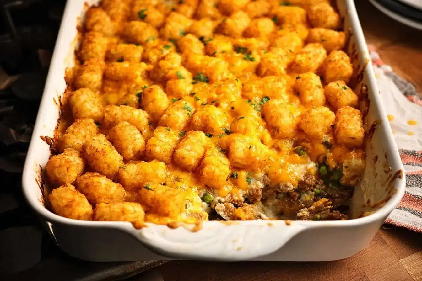 A golden-brown Tater Tot Casserole in a white baking dish, with a serving removed to show the cheesy, meaty filling inside.