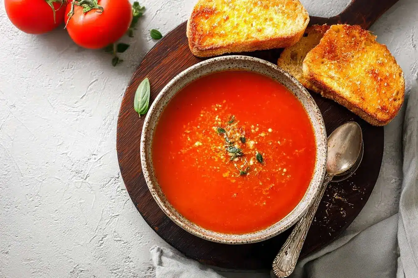 A rustic bowl of homemade soup from a classic tomato soup recipe, served with toasted garlic bread and fresh tomatoes.