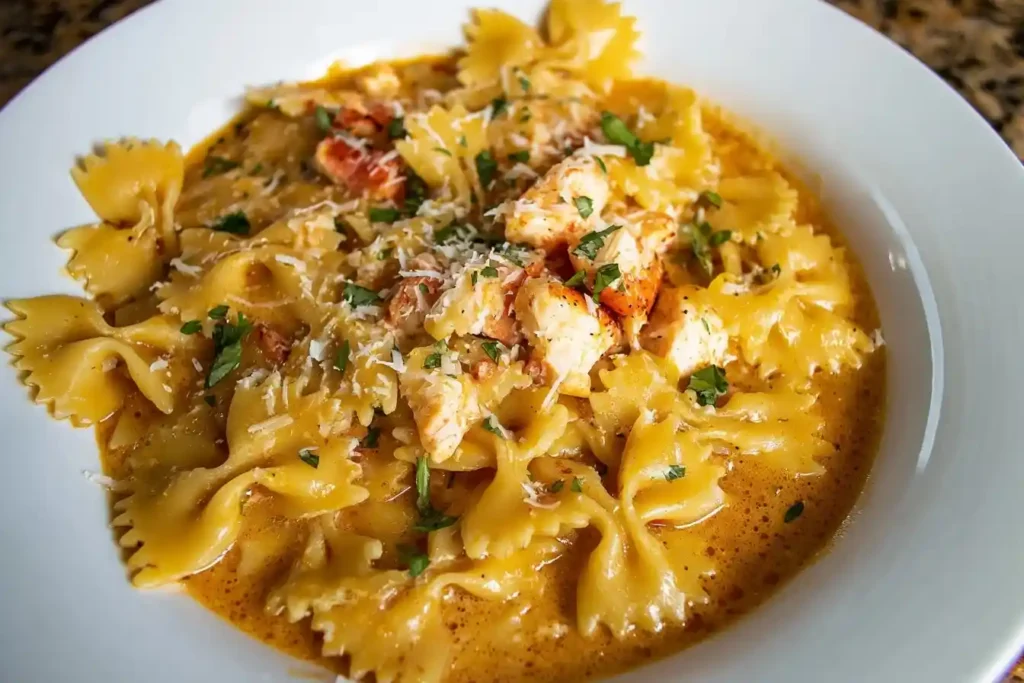 Close-up of creamy lobster pasta with bowtie noodles, succulent meat chunks, and fresh herbs in a white bowl