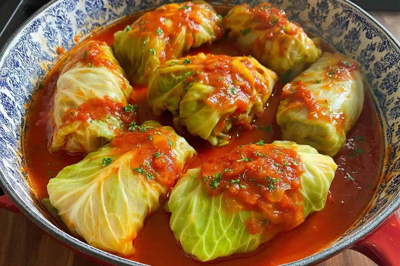 Top-down view of tender cabbage rolls simmering in a rich tomato sauce inside a patterned skillet