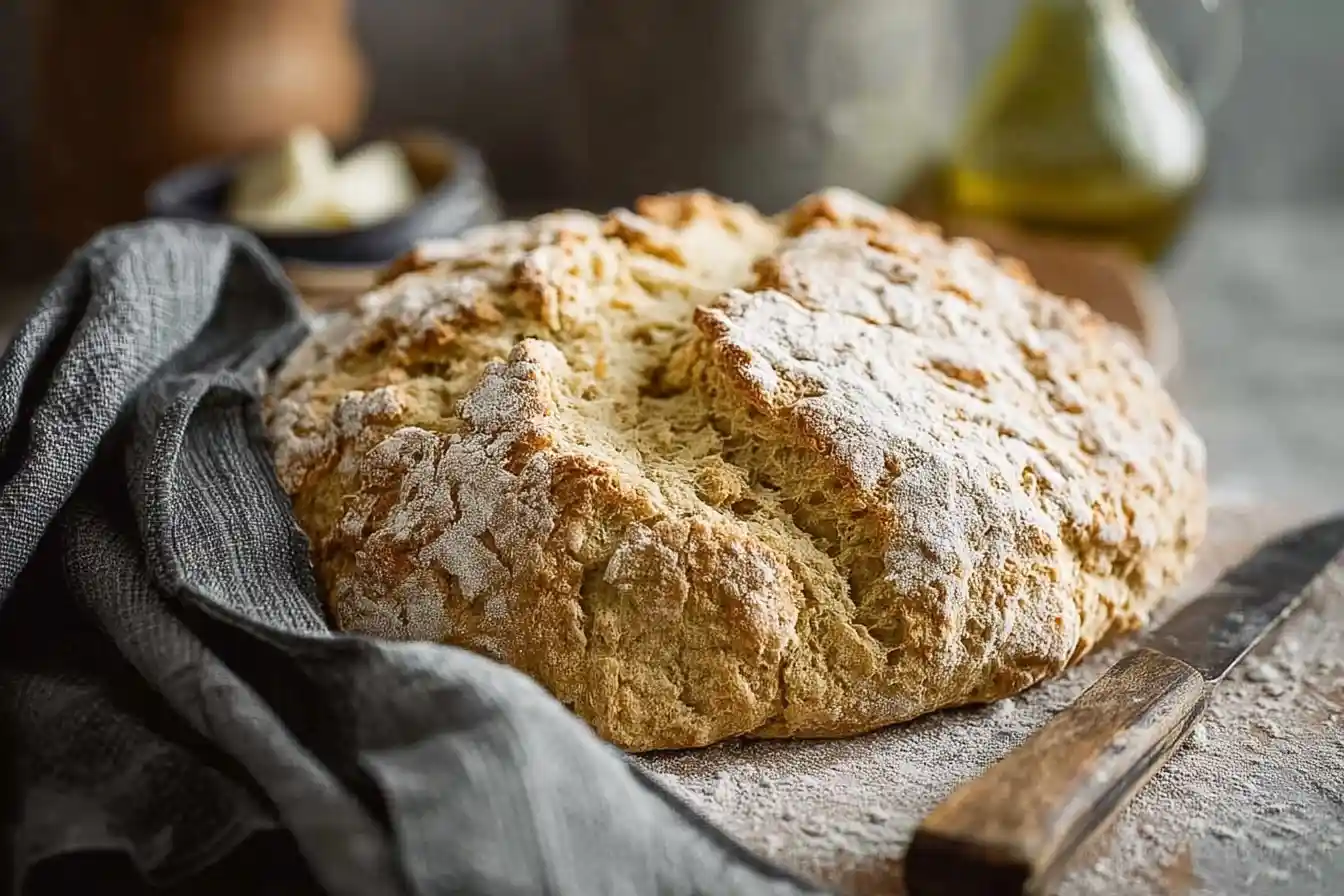 A rustic loaf of freshly baked Irish soda bread with a flour-dusted crust resting on a wooden board.