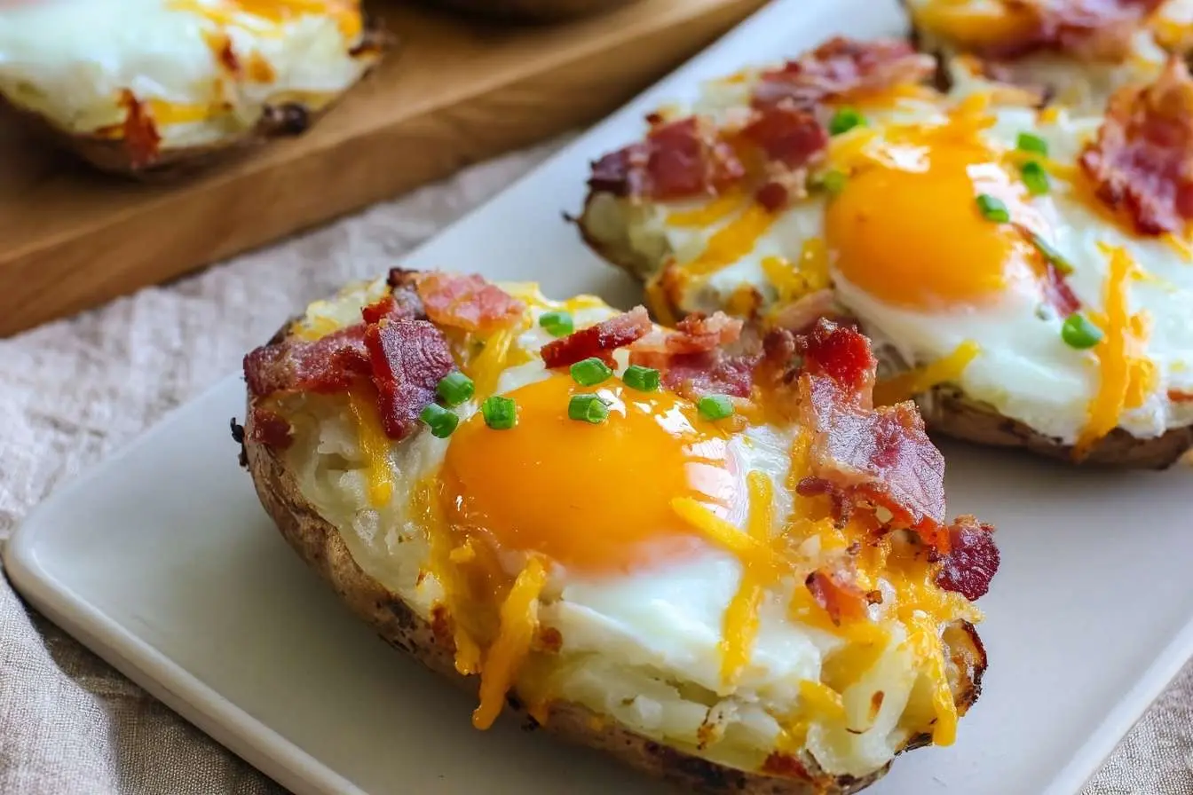 A close-up of Breakfast Baked Potatoes on a white plate, topped with a runny egg, crispy bacon, and melted cheese.