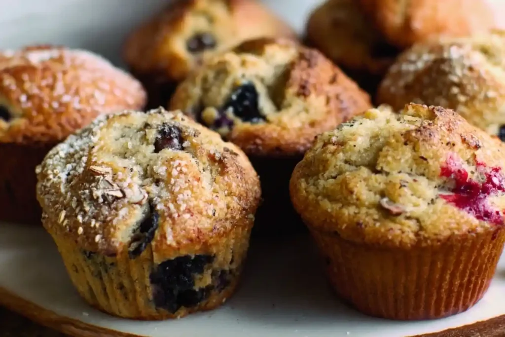Close-up of golden mixed berry muffins with sparkling sugar tops arranged on a white plate