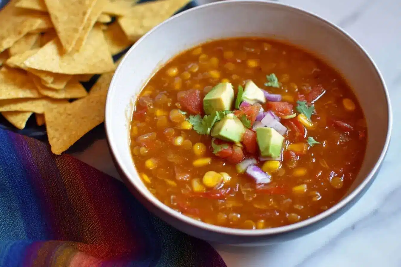A bowl of lentil tortilla soup topped with fresh avocado and onion, with a side of crispy tortilla chips.
