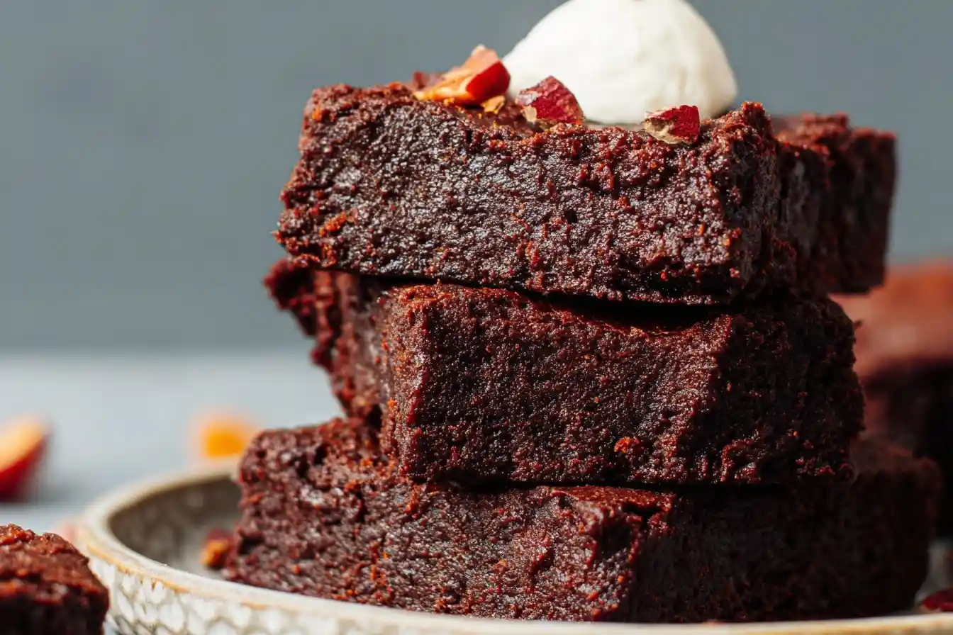 Stack of three rich fudgy brownies on a plate topped with cream and chopped nuts