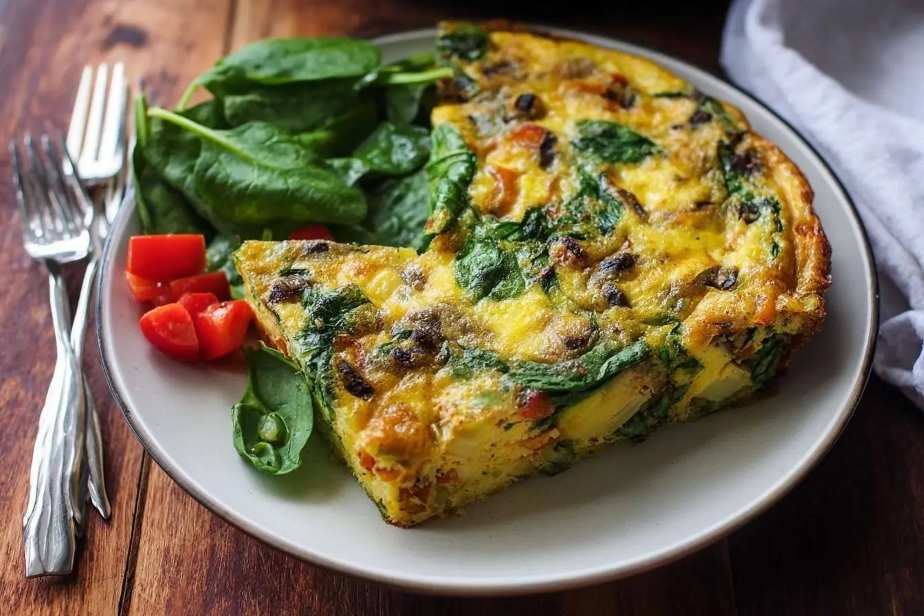 A slice of {{ $('Fetch Recipe Data').first().json["Main Keyword"] }} on a plate with fresh spinach salad and two forks on a wooden table.