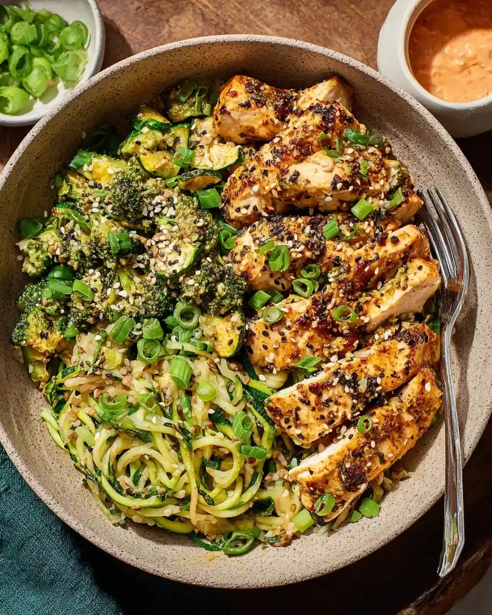 A fresh {{ $('Fetch Recipe Data').first().json["Main Keyword"] }} with seasoned sliced chicken, broccoli, and zucchini noodles.