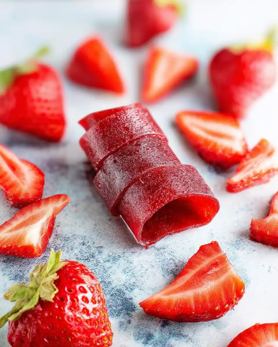A rolled piece of homemade strawberry fruit leather surrounded by fresh sliced and whole strawberries on a light surface.