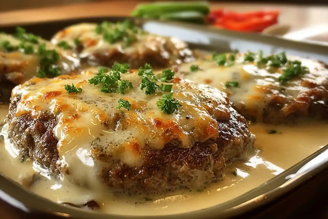Close up of cheesy smothered hamburger steaks in a creamy gravy, garnished with fresh parsley in a baking dish.