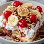 A slice of {{ $('Fetch Recipe Data').first().json["Main Keyword"] }} with cream, cherries, bananas, and nuts.