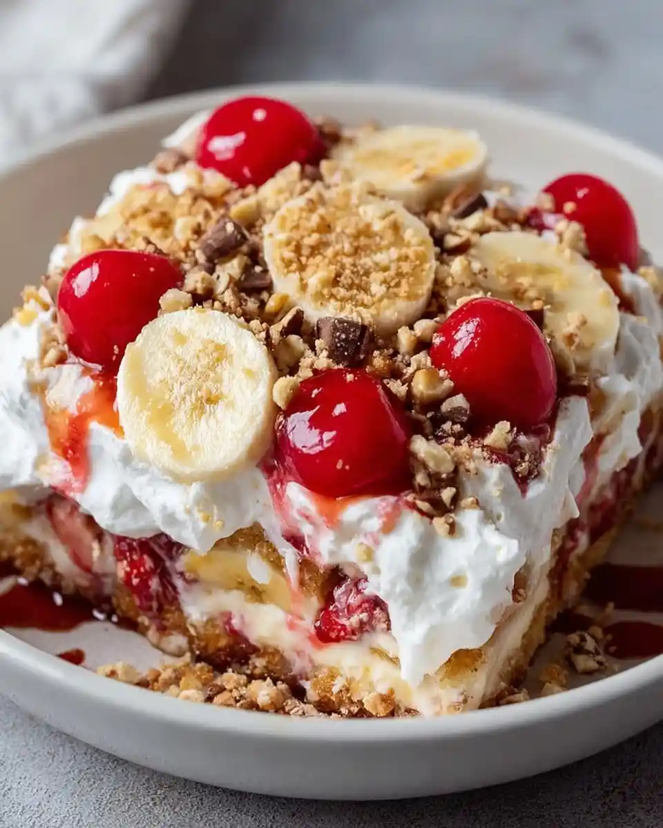 A slice of {{ $('Fetch Recipe Data').first().json["Main Keyword"] }} with cream, cherries, bananas, and nuts.