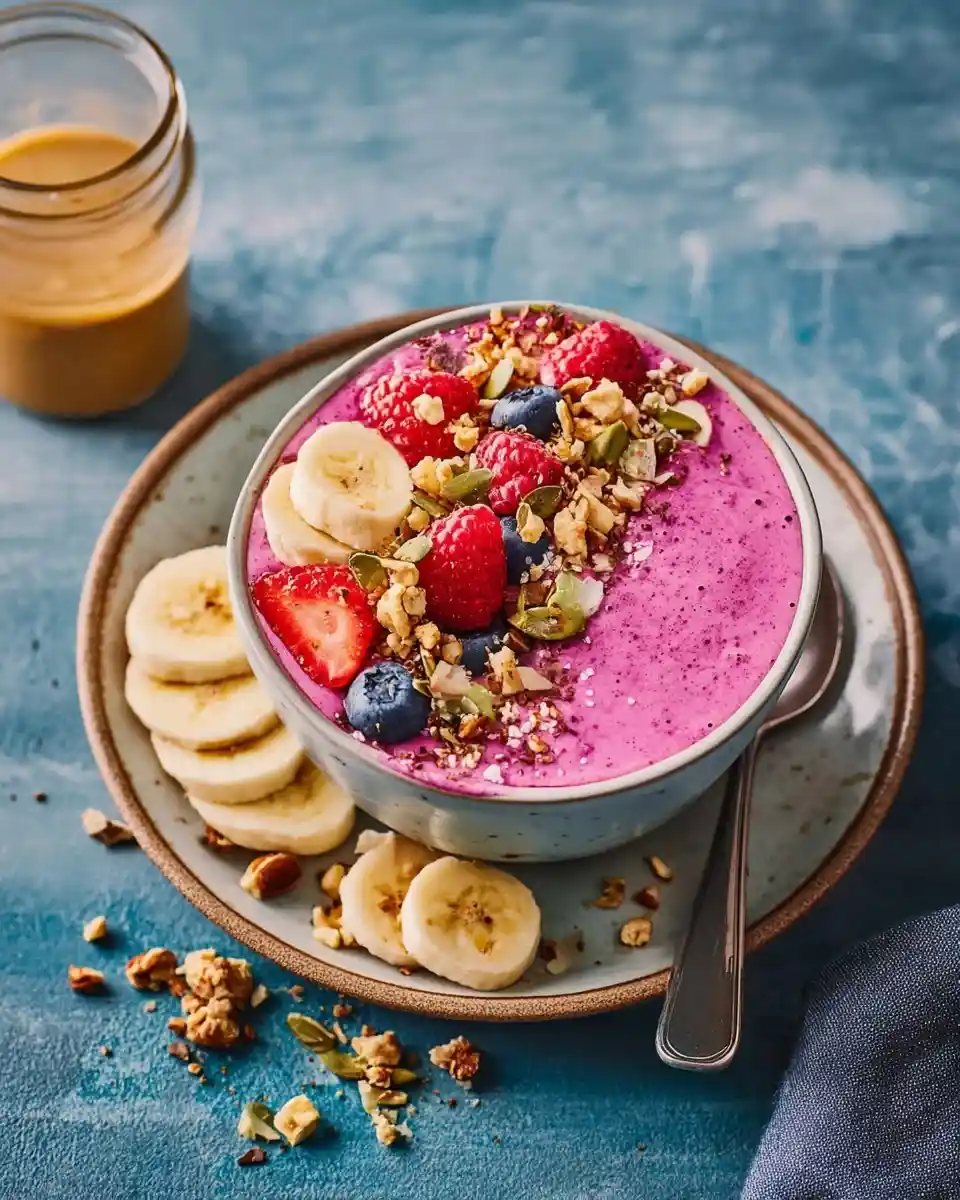 Vibrant pink smoothie bowl topped with fresh berries, sliced banana, and crunchy granola.