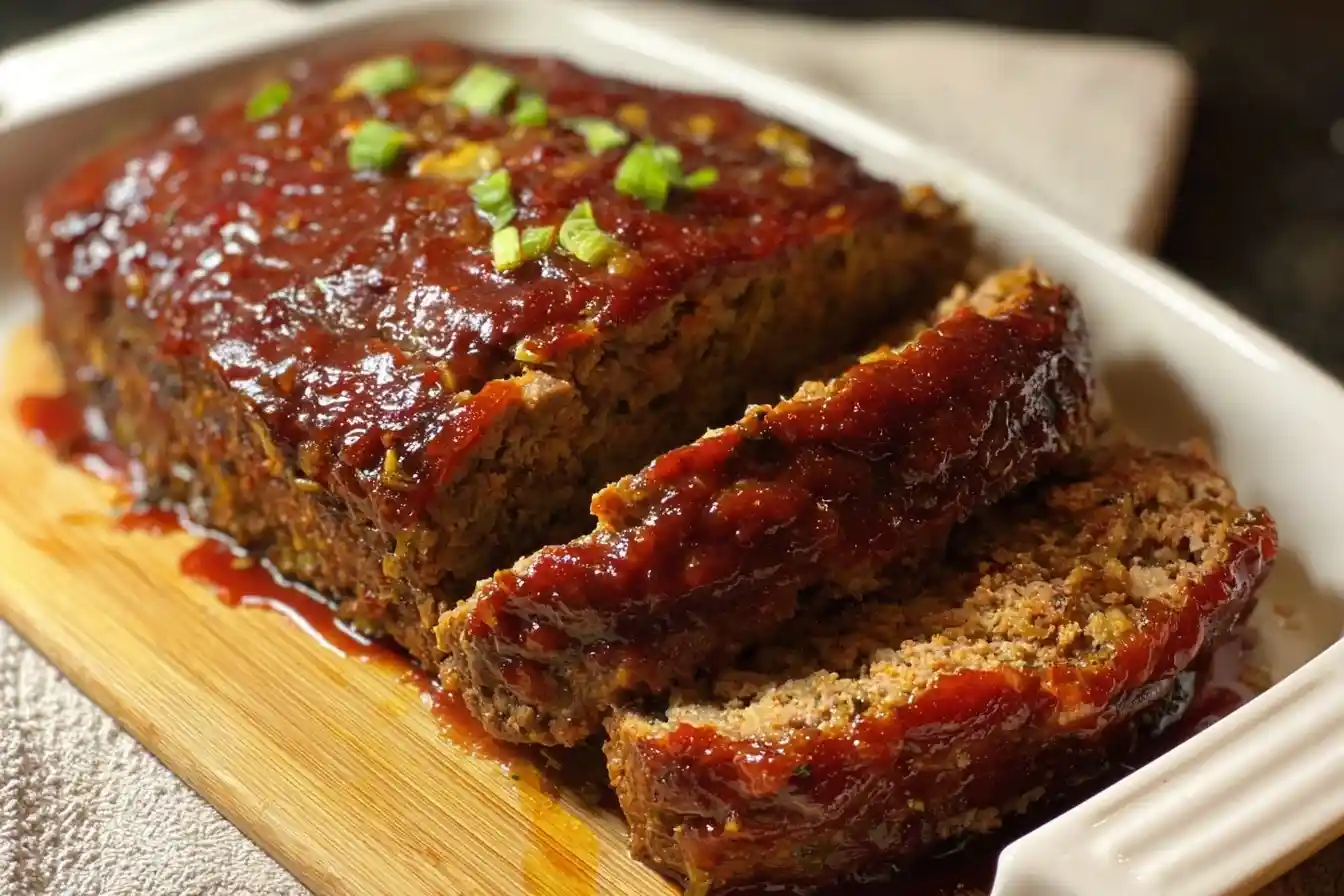 Juicy sliced meatloaf topped with a shiny red glaze and green onions in a white baking dish.