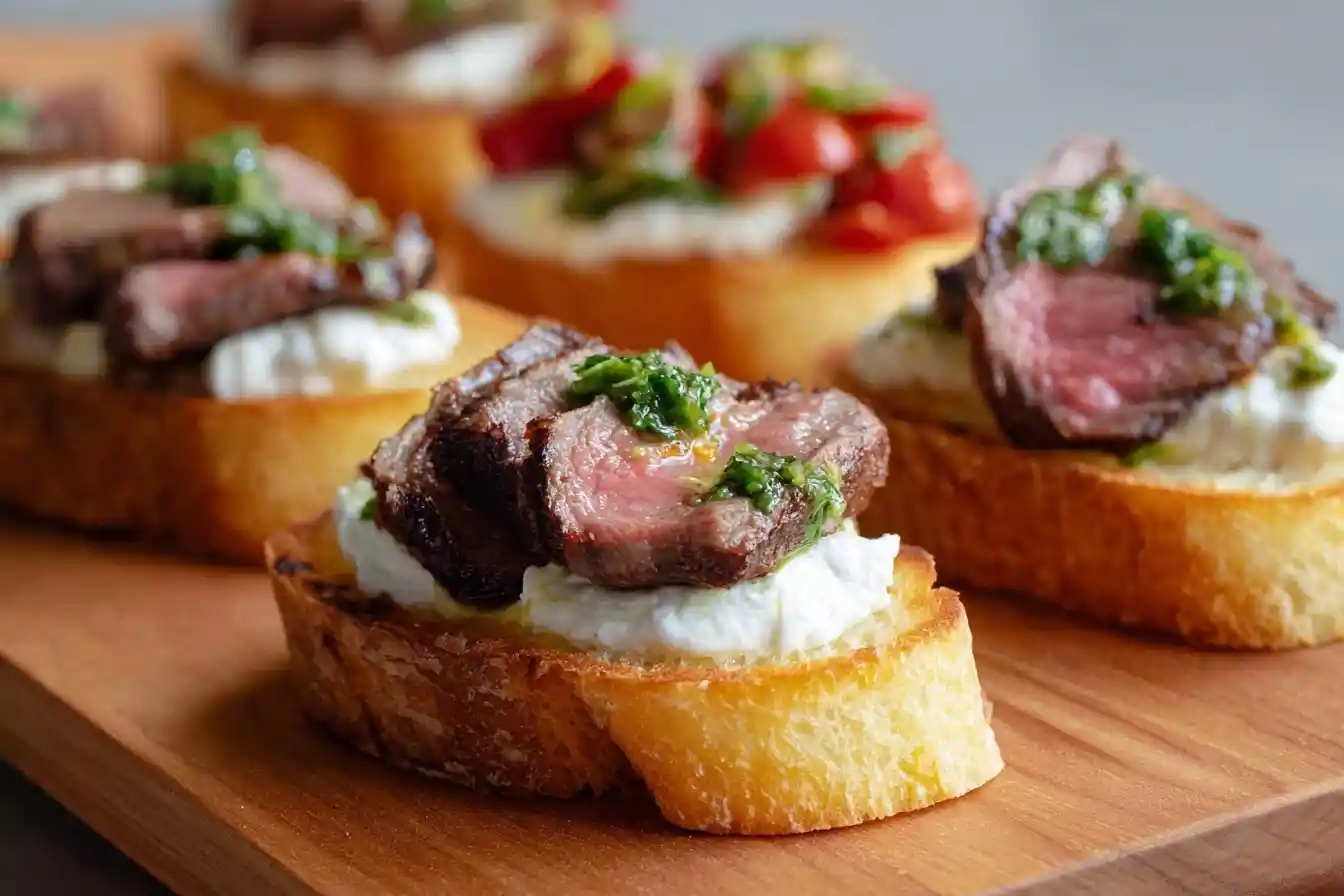 Close-up of steak crostini topped with creamy white cheese and green chimichurri on a wooden board.
