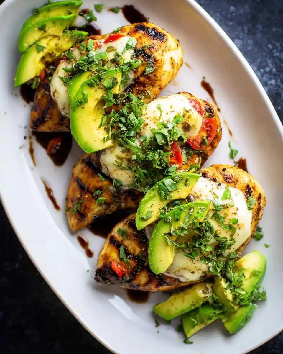 Grilled {{ $('Fetch Recipe Data').first().json["Main Keyword"] }} topped with melted mozzarella, fresh avocado, and balsamic.
