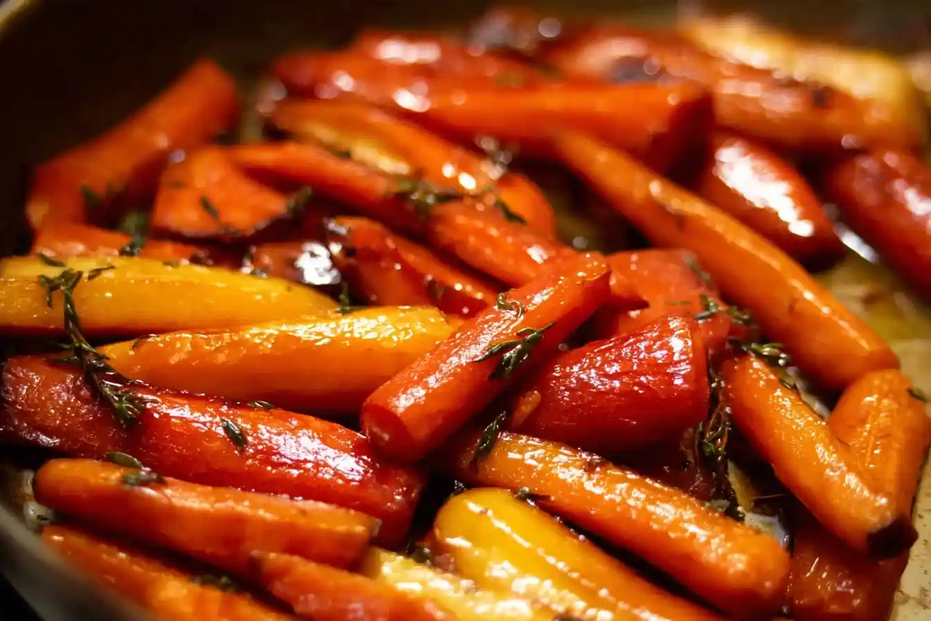 Close-up of glossy {{ $('Fetch Recipe Data').first().json["Main Keyword"] }} sprinkled with fresh thyme in a skillet.