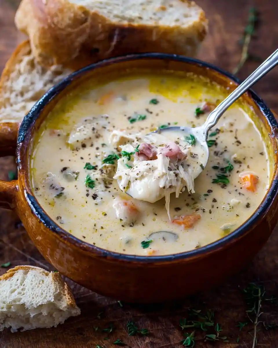 A spoonful of creamy chicken soup being lifted from a rustic brown bowl, served with crusty bread on a wood table.