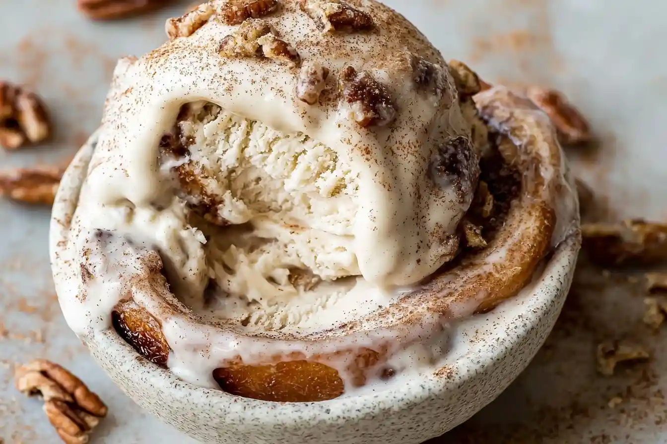 A warm {{ $('Fetch Recipe Data').first().json["Main Keyword"] }} topped with melting vanilla ice cream, cinnamon, and pecans.