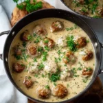 A black pan filled with homemade Swedish meatballs simmering in a rich, creamy gravy and garnished with fresh herbs.
