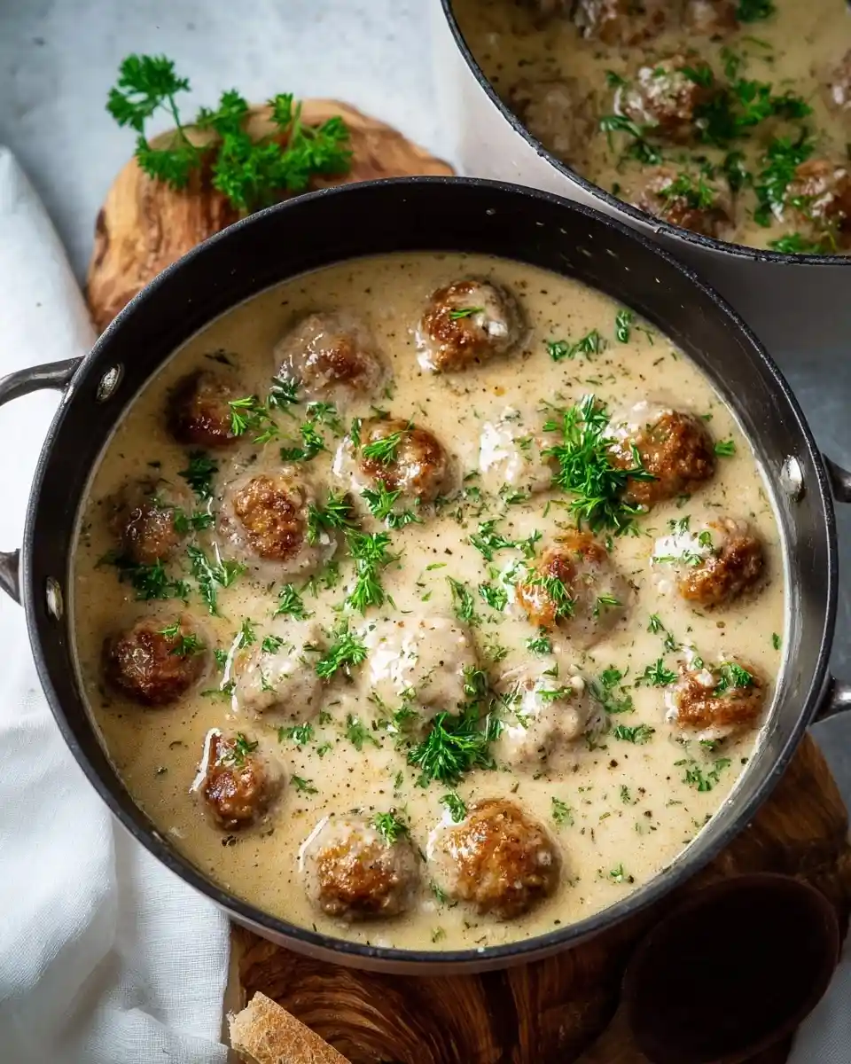 A black pan filled with homemade Swedish meatballs simmering in a rich, creamy gravy and garnished with fresh herbs.