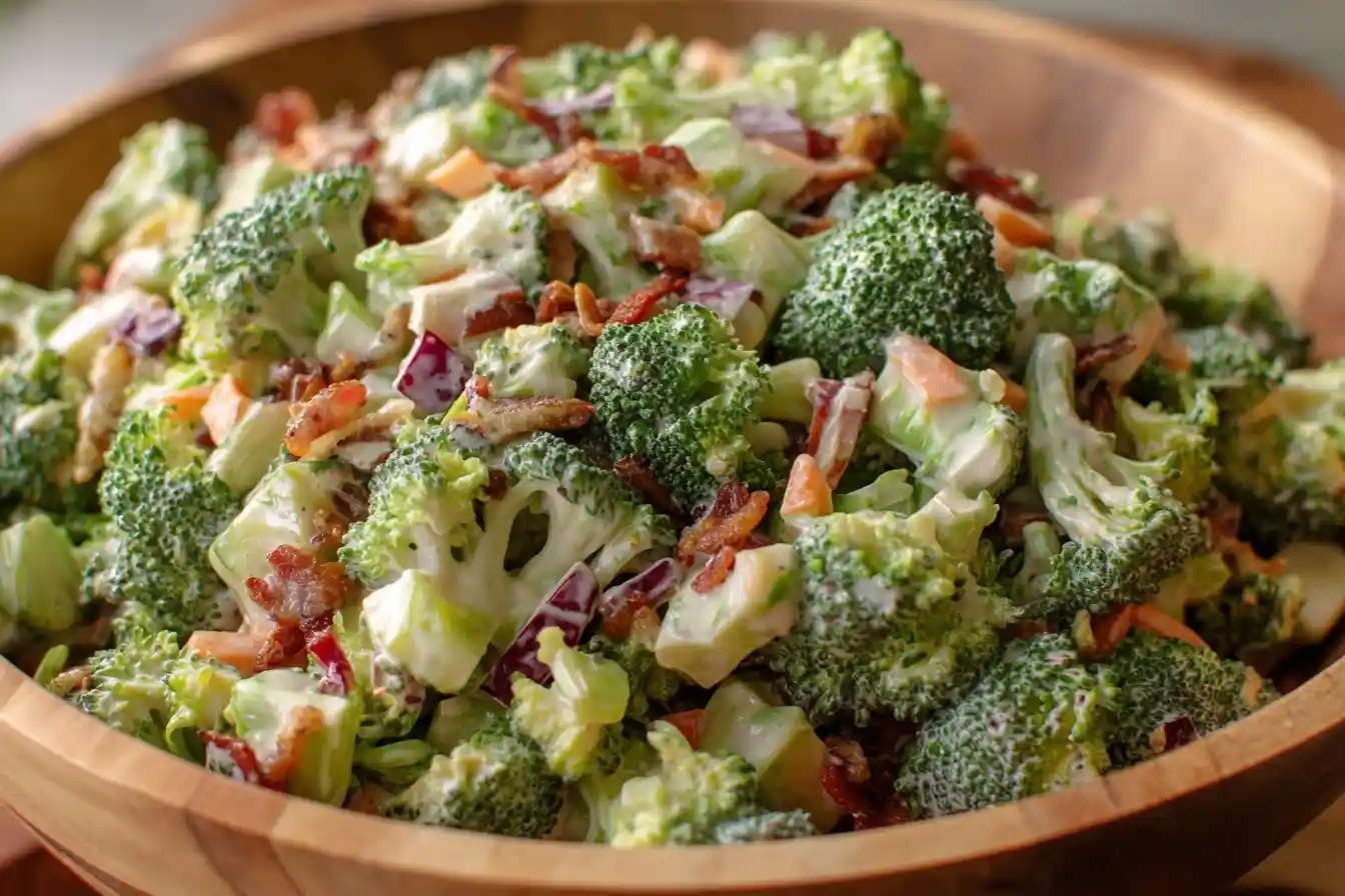 A close-up of a wooden bowl filled with fresh, creamy broccoli salad with bacon and red onions.