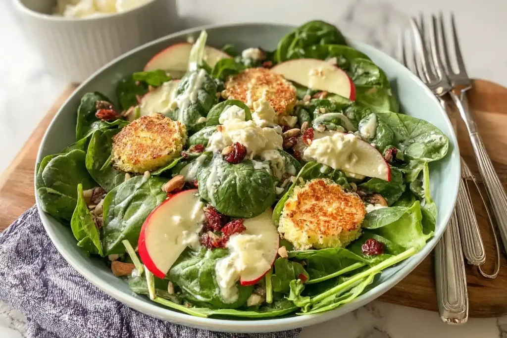 A bowl of fresh fried goat cheese salad with spinach, sliced apples, dried cranberries, and creamy dressing.
