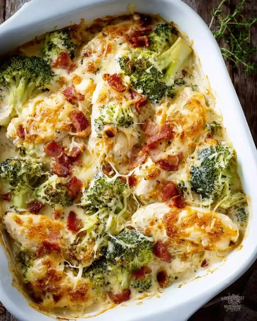 Close-up of a cheesy {{ $('Fetch Recipe Data').first().json["Main Keyword"] }} with bacon and broccoli.