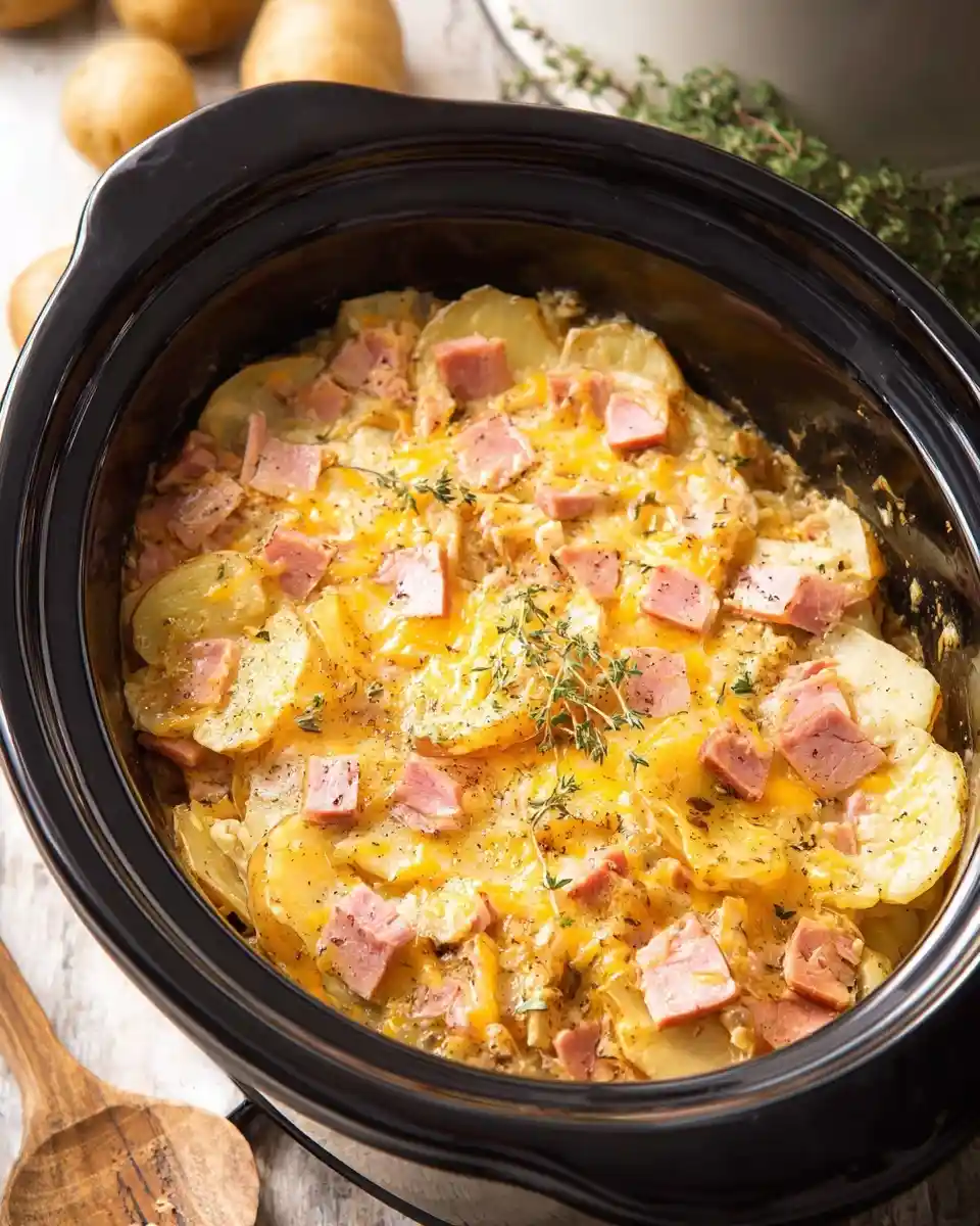 A black slow cooker filled with creamy {{ $('Fetch Recipe Data').first().json["Main Keyword"] }} and fresh thyme.