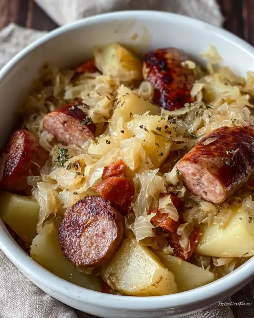 A close-up of a rustic white bowl filled with hearty sausage and sauerkraut alongside tender potatoes.