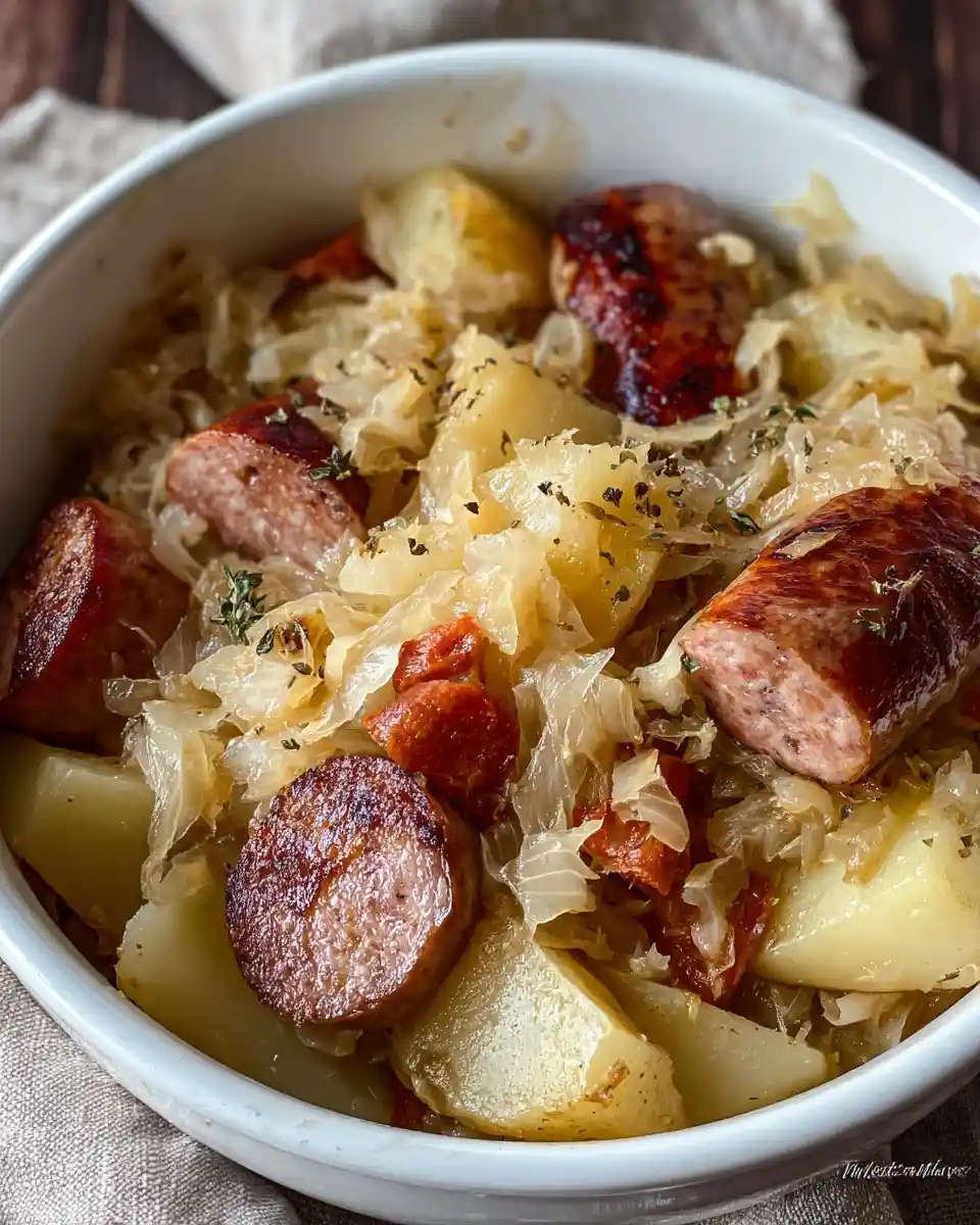A close-up of a rustic white bowl filled with hearty sausage and sauerkraut alongside tender potatoes.