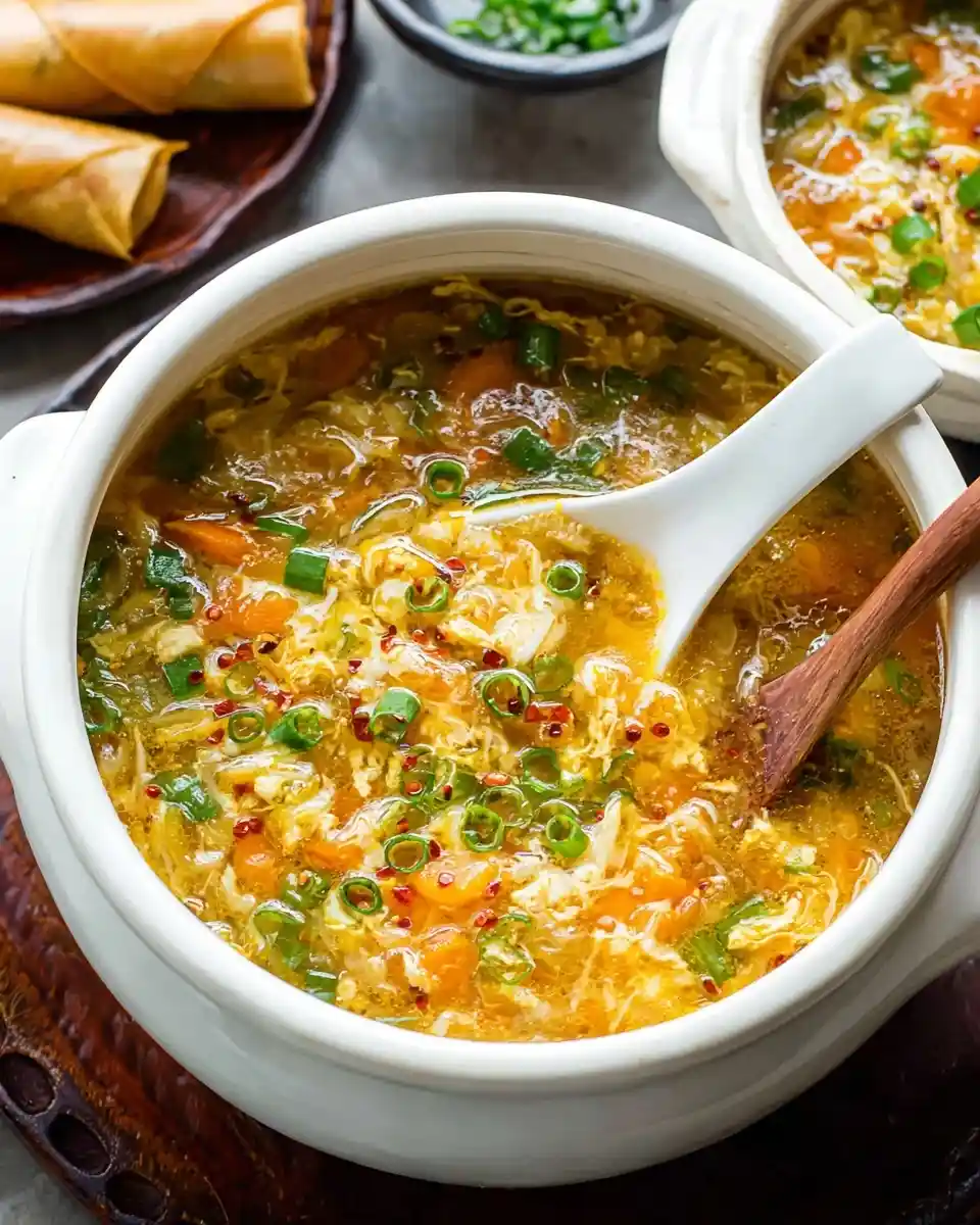 A close-up of a white bowl filled with homemade egg drop soup garnished with green onions and red pepper flakes.