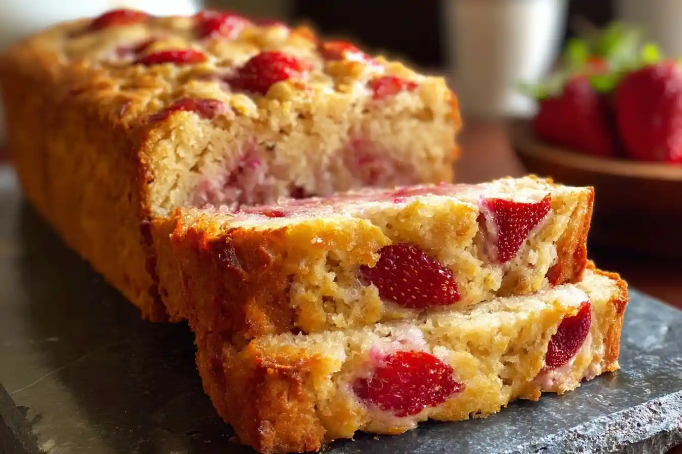Sliced homemade strawberry bread on a dark slate board with fresh berries in the background.