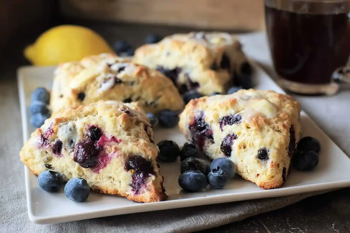 Close-up of glazed Lemon Blueberry Scones on a white plate with fresh berries and a lemon in the background.