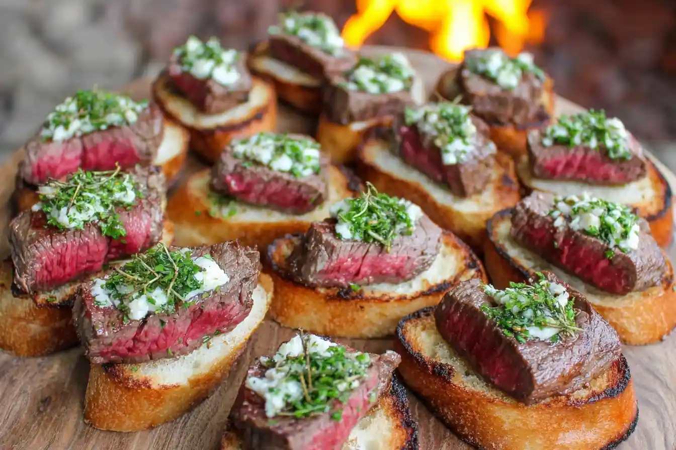 Platter of steak crostini appetizers featuring seared beef and herb butter on toasted baguette slices.