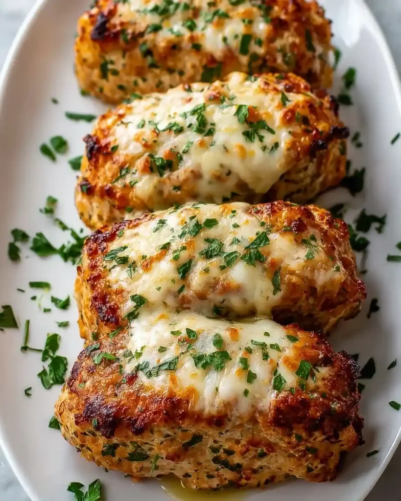 Four golden cheesy baked chicken breasts topped with melted mozzarella and fresh parsley on a white serving platter.