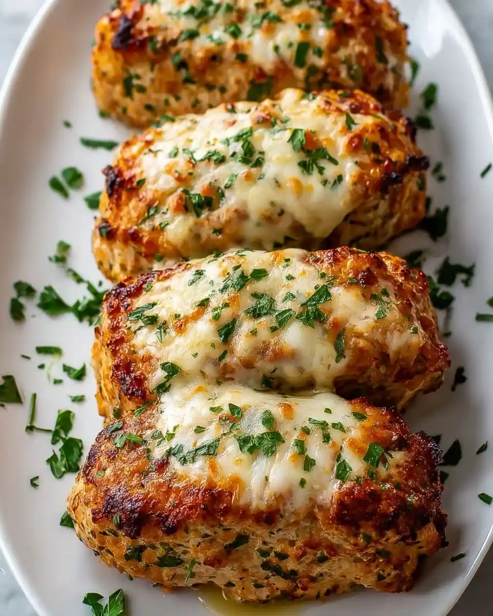 Four golden cheesy baked chicken breasts topped with melted mozzarella and fresh parsley on a white serving platter.