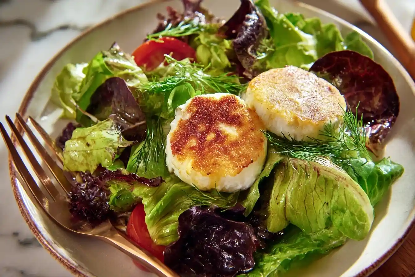 Close-up of a fried goat cheese salad with mixed greens, cherry tomatoes, and fresh dill on a plate.