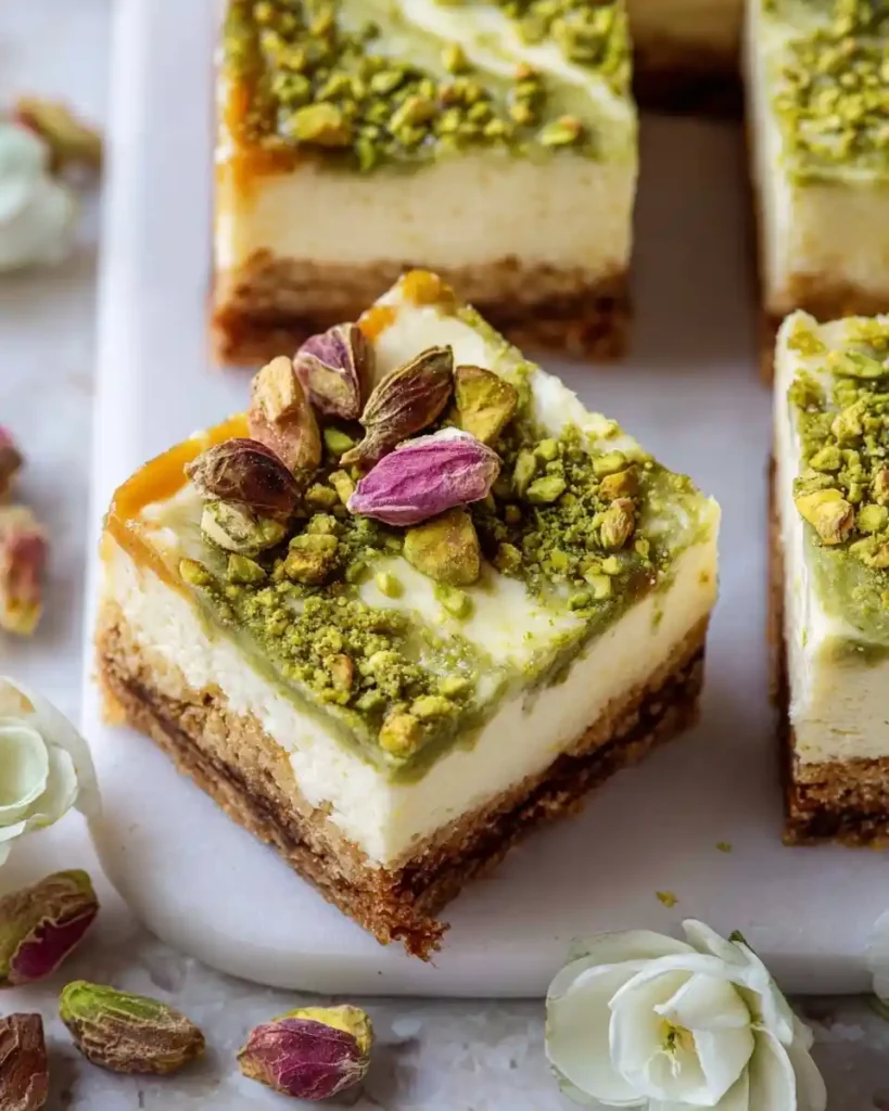 Close-up of layered pistachio cheesecake bars topped with crushed nuts and pink rose petals on a white board.