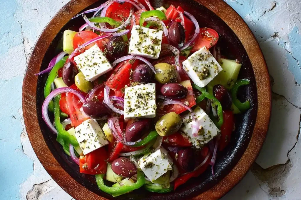 Bowl of fresh {{ $('Fetch Recipe Data').first().json["Main Keyword"] }} with feta, olives, and tomatoes.