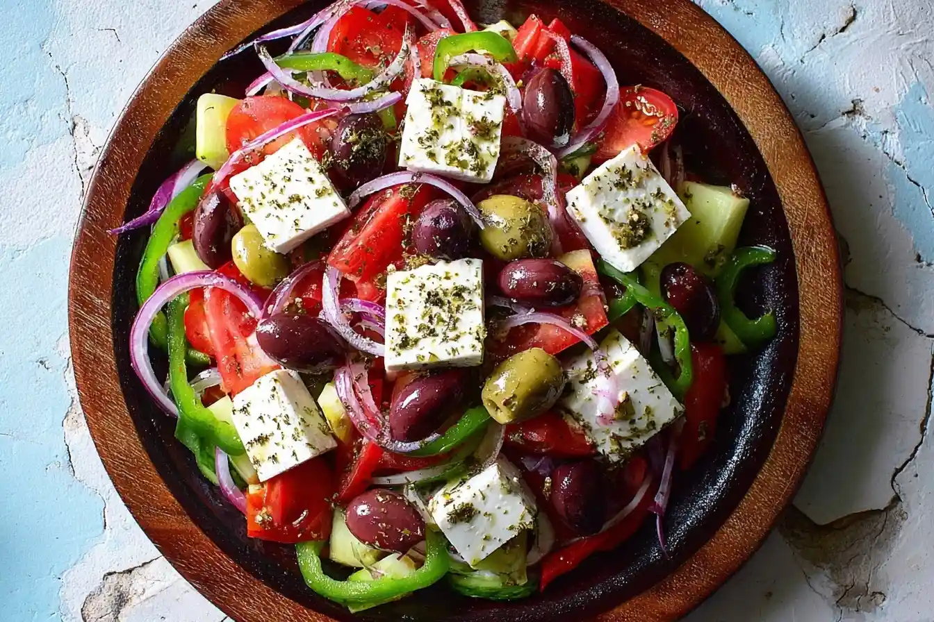 Bowl of fresh {{ $('Fetch Recipe Data').first().json["Main Keyword"] }} with feta, olives, and tomatoes.